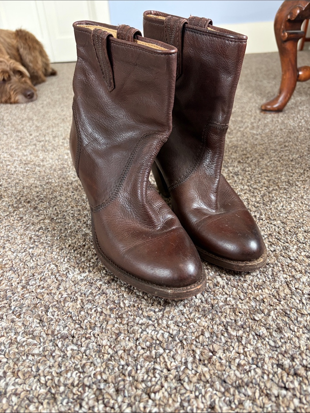 Frye Dark Brown Leather Mid-Calf Heeled Boots